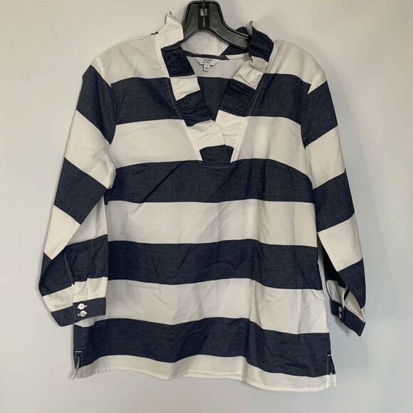 Crown & Ivy Women's Blouse Top Long Sleeve Striped Cotton White Navy Blue Small - Picture 1 of 7